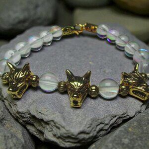 Cerberus Triple Wolf Bracelet With  Rainbow Crystal Beads.  Greek myth jewelry.